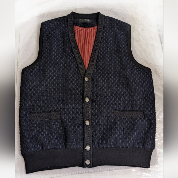 Vintage Wool Navy/Black V-neck Vest, Silky Lined, Buttons, Pockets, L - Picture 2 of 11